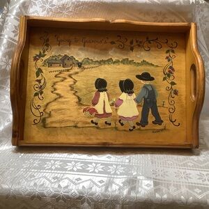 Wood Tray Hand Painted Amish Children Vintage 1987 Folk Art
